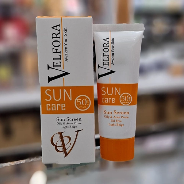 کرم ضد آفتاب ولفورا پوست چرب ضد آکنه اصل SPF50 بژ روشن 40 میل | VELFORA SUN CARE Oily & Acne prone light beige spf50